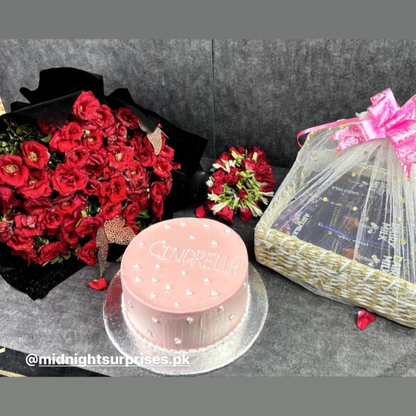 Cake, Bouquet, Gajray and chocolate basket.